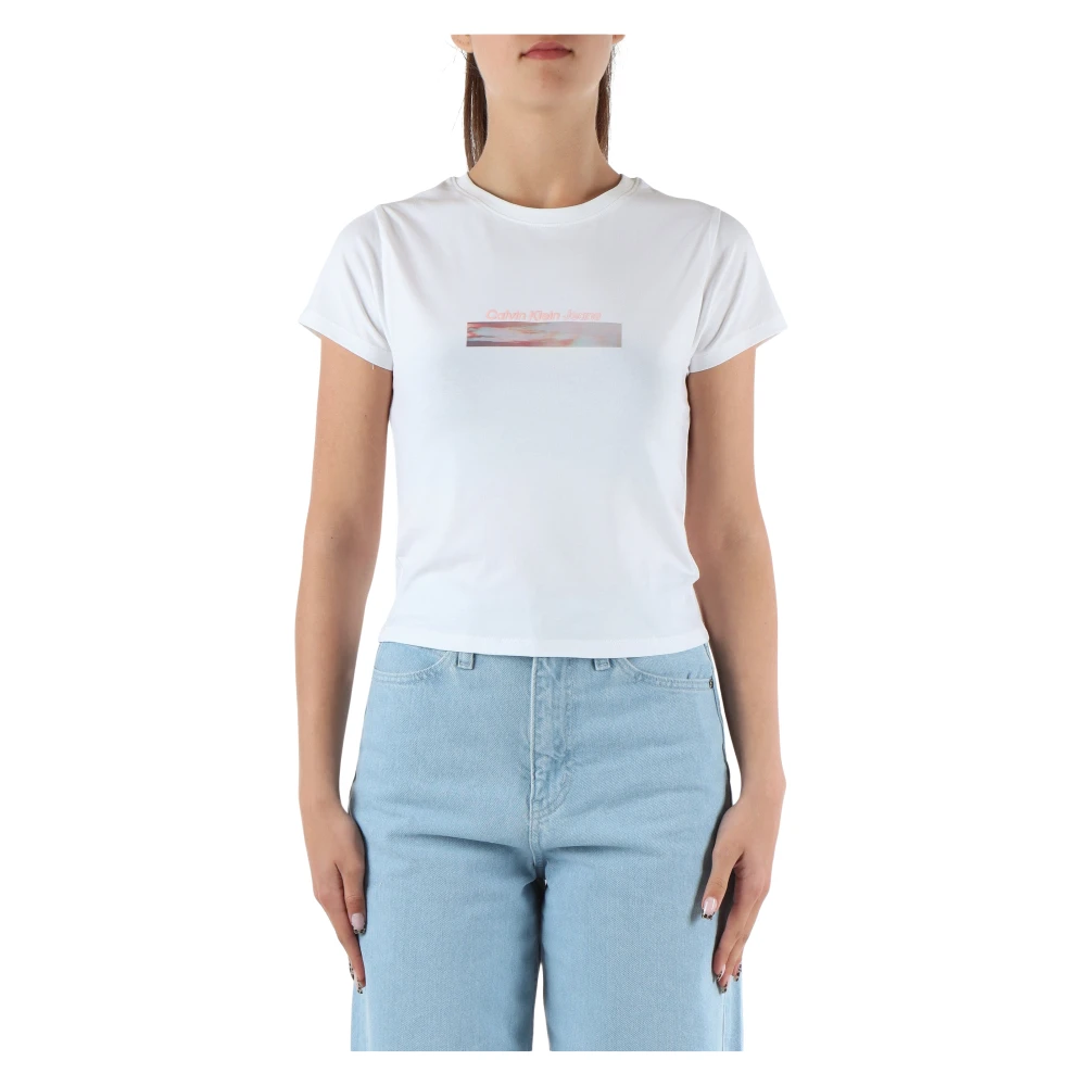 Calvin Klein Jeans Logo Print Cropped Stretch Cotton T-shirt White Dames