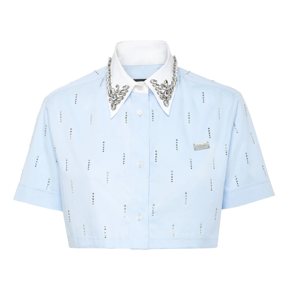 Philipp Plein Vrouw Blauw Overhemden Dames, Xs, Katoen, Poplin Cropped Shirt Ss Strass