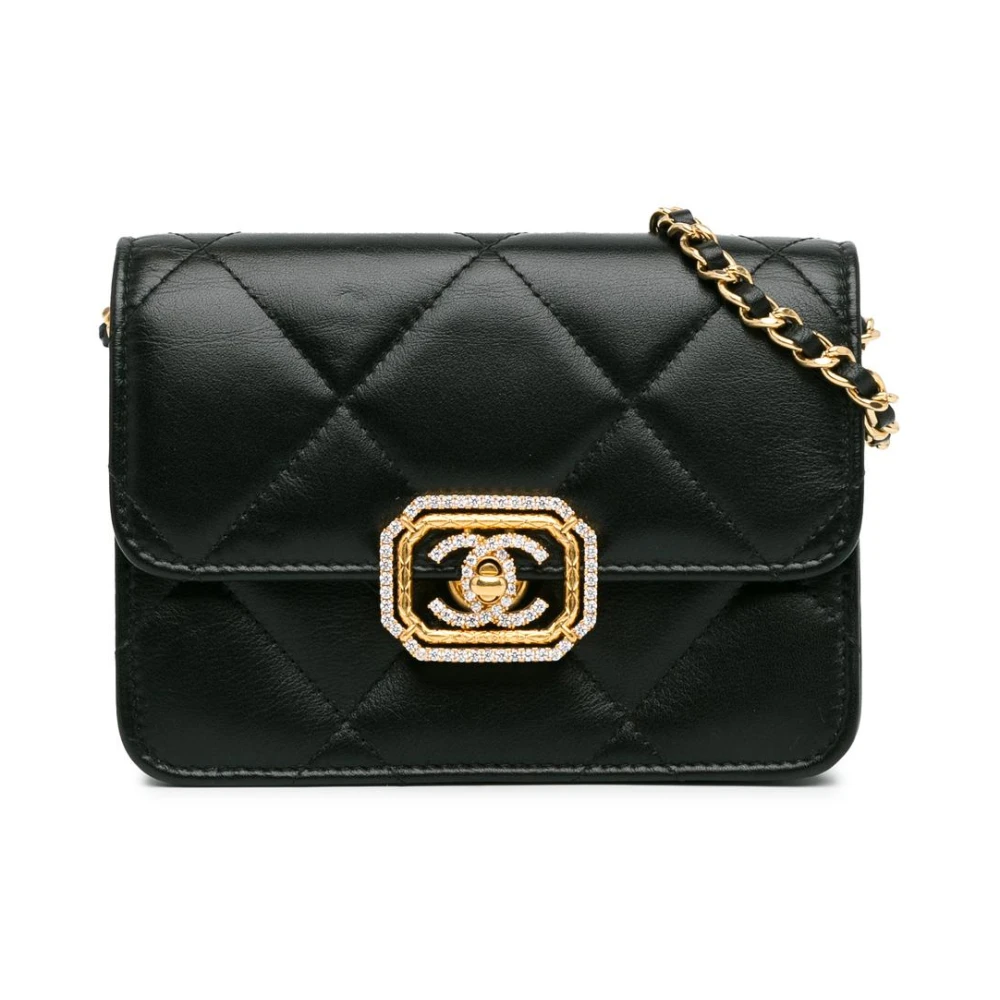 Chanel Vintage Women's Black Pre-Owned Quilted Leather Wallet-On-Chain With Decorative Embellishments And Chain Shoulder Strap