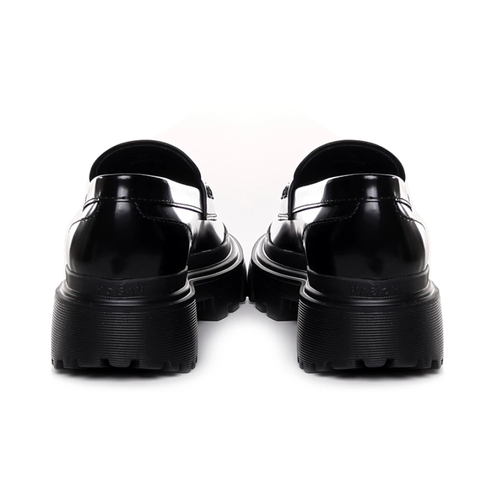 Hogan Zwarte leren loafers met metalen Flip-H accessoire Black Dames