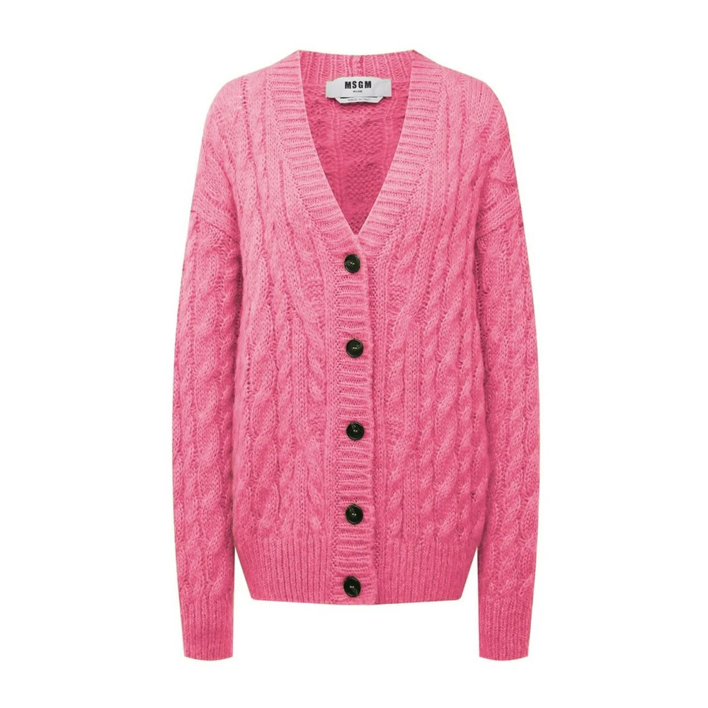 Msgm Roze Cable-Knit V-Neck Sweater Pink Dames