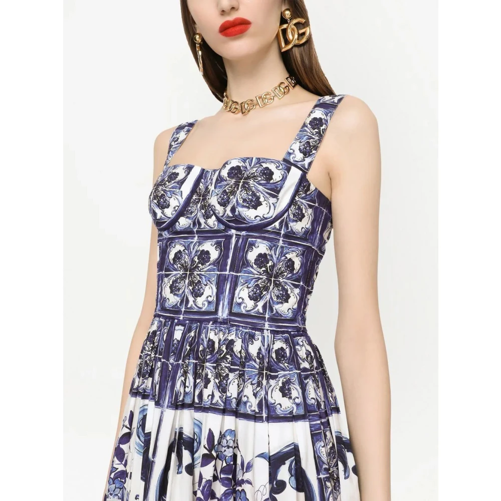 Dolce & Gabbana Geometrische Print Katoenen Jurk Blue Dames