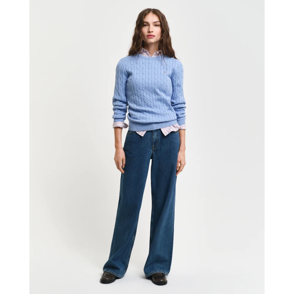 Gant Geribbelde ronde hals trui van katoen Blue Dames