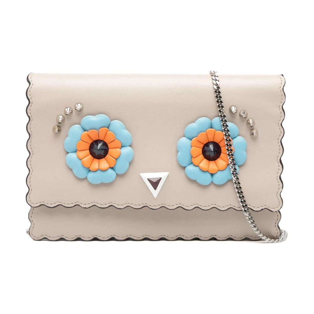Fendi Vintage Donna Marrone Clutch In Pelle Con Applicazioni Floreali Pre-Owned