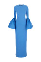 robe-longue-bleue-a-col-rond-avec-manches-bouffantes