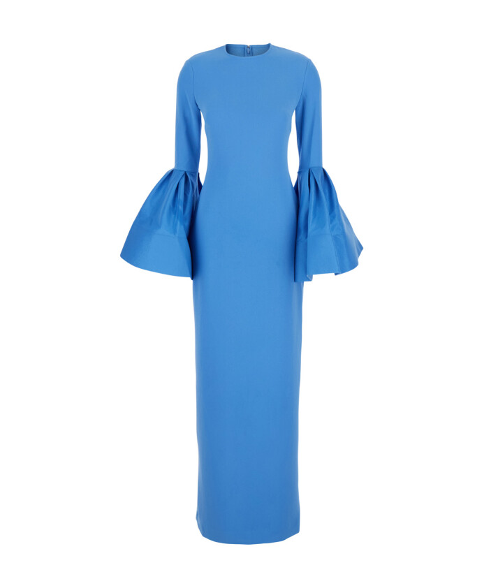 robe-longue-bleue-a-col-rond-avec-manches-bouffantes