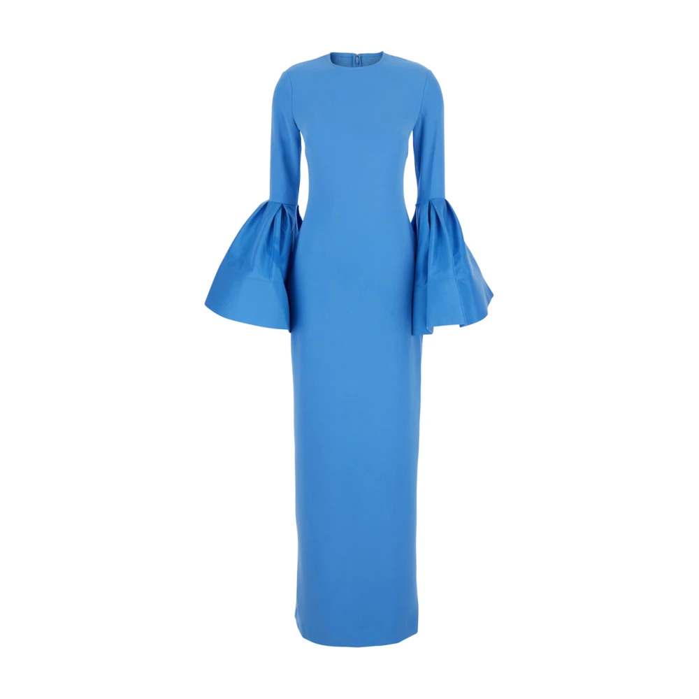 Solace London Blauwe Crewneck Lange Jurk met Puffed Mouwen Blue Dames