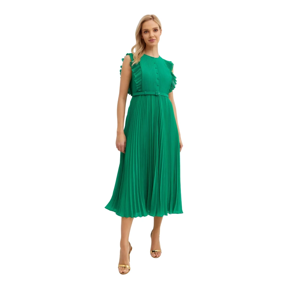 Self Portrait Grön Plisserad Off-Shoulder Midi Klänning Green, Dam