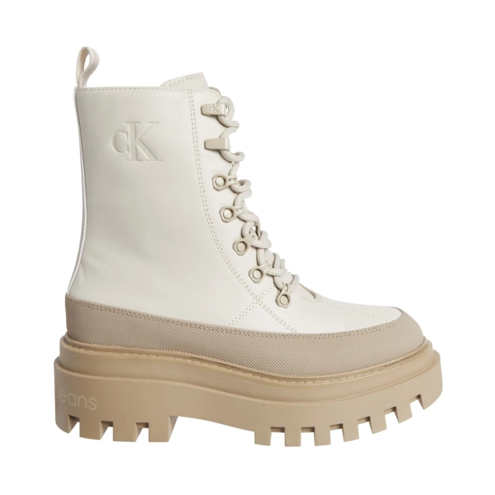 Calvin Klein Jeans Women's Beige Lace-Up Boots, 6 Uk, Lace Up Flatform Ankle Boots