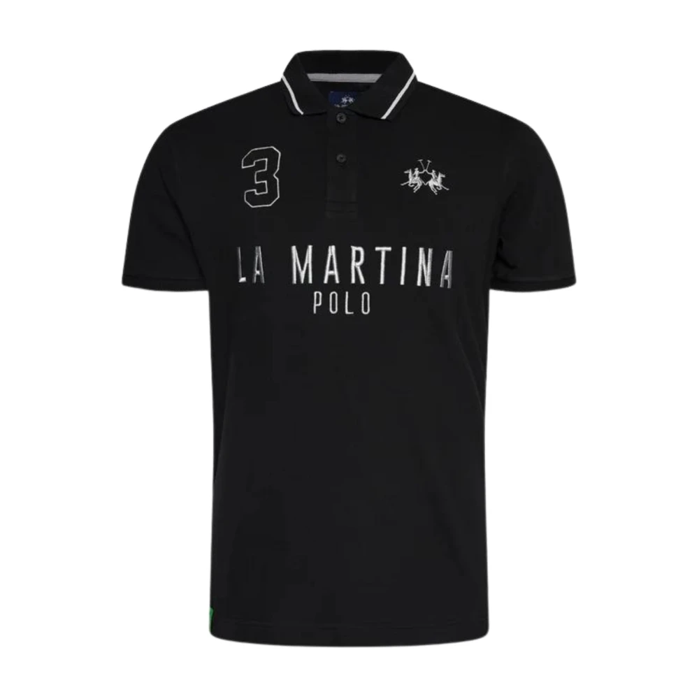La Martina Men's Black Embroidered Logo Cotton Polo Shirt