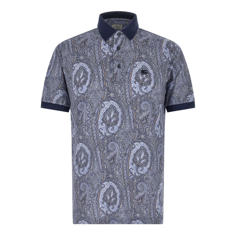 Etro Men's Blue Polo Shirts, L, Cotton Pique Polo Shirt With Arnica Motif