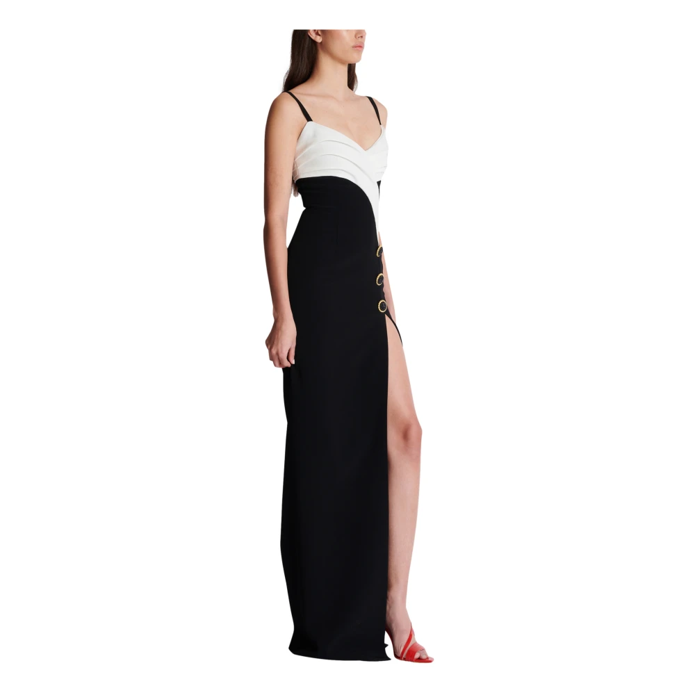 Balmain Tweekleurige Lange Crêpe Jurk met Beensplit Black Dames
