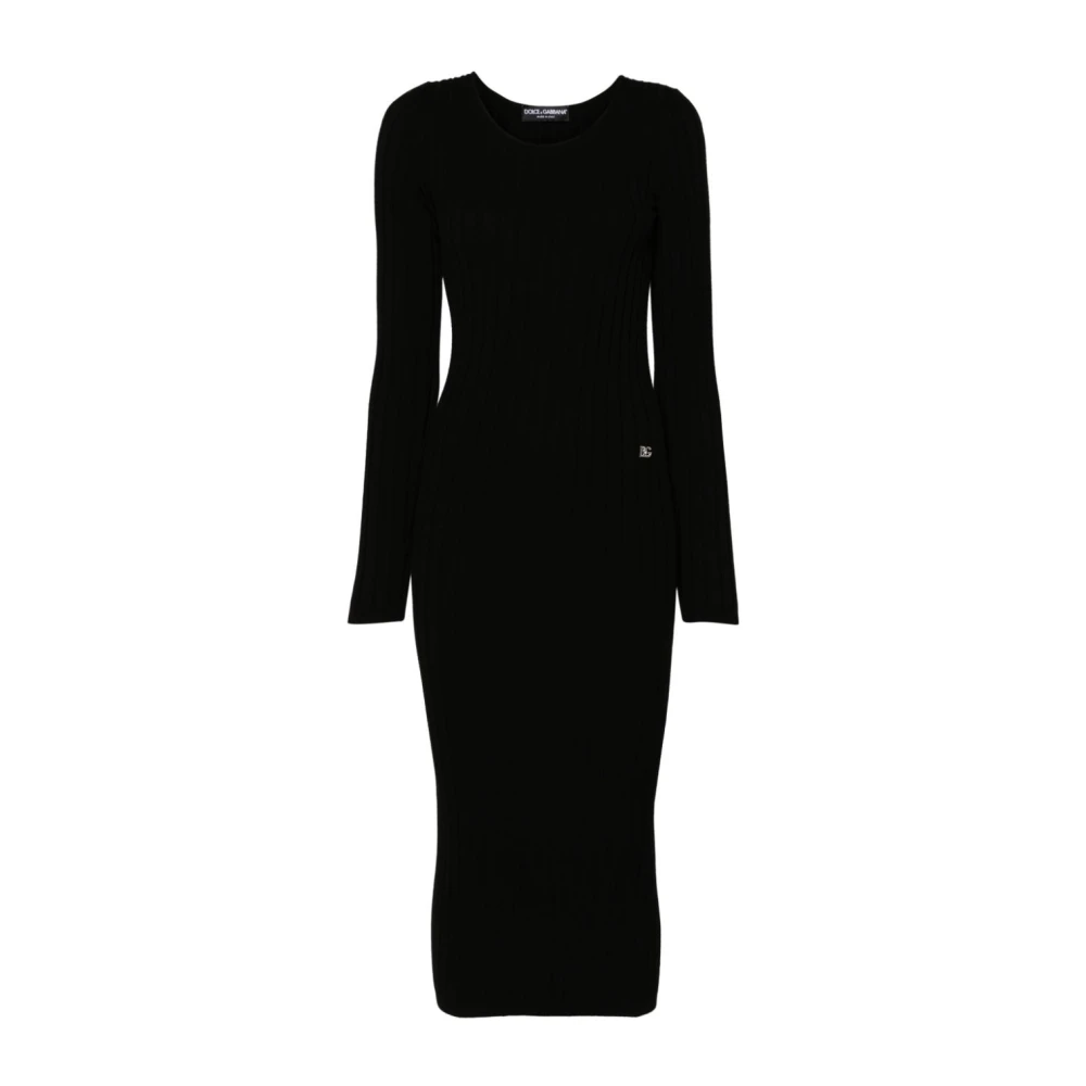 Dolce & Gabbana Zwarte Logo Midi Gebreide Jurk Black Dames