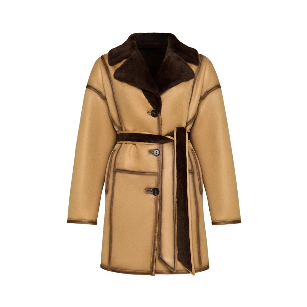 Cesare Gaspari Vrouw Beige Jassen Dames, L, Leer, Faux Reversible Shearling Jas Met Riem