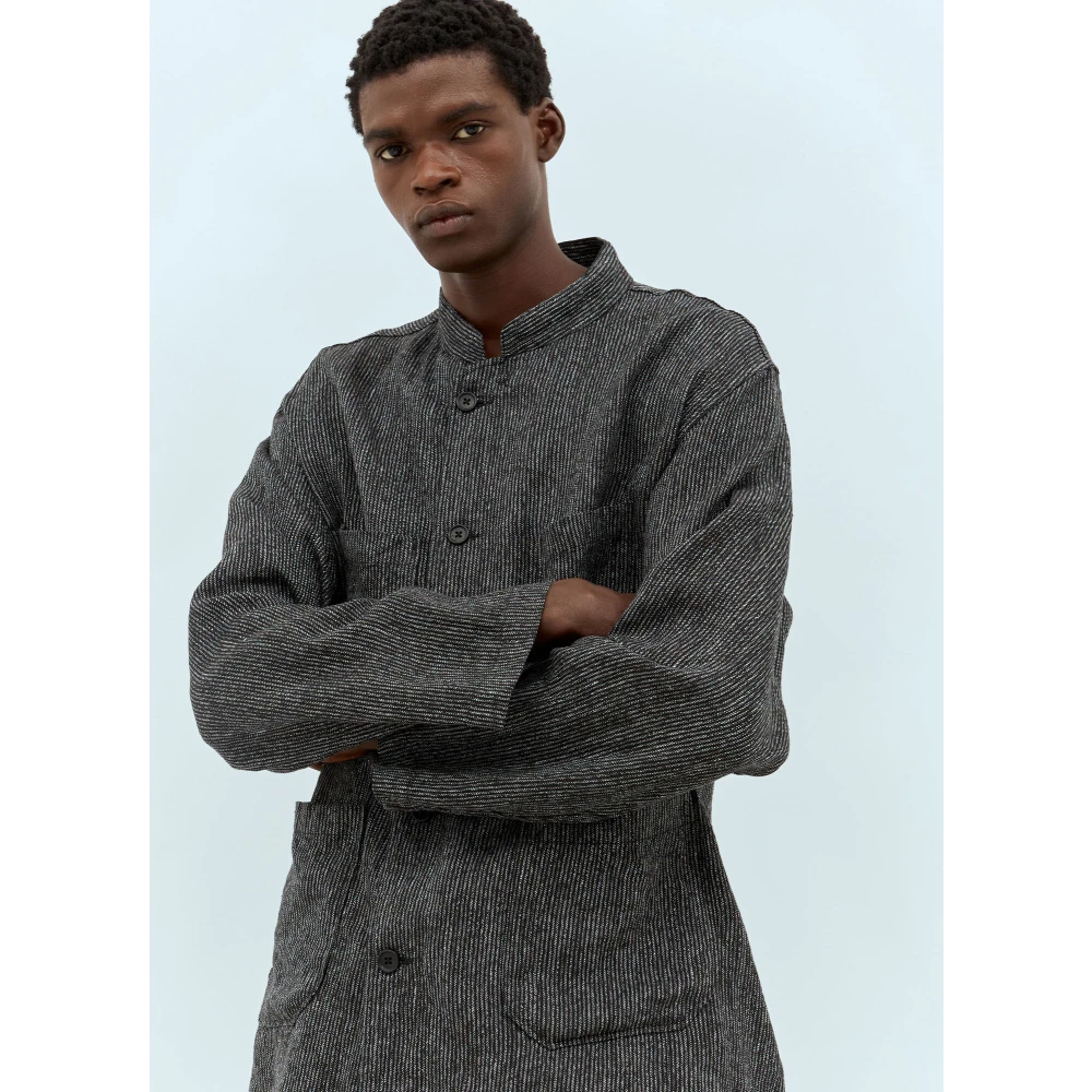 Engineered Garments Gestreepte Linnen Hemd met Kraag Gray Heren