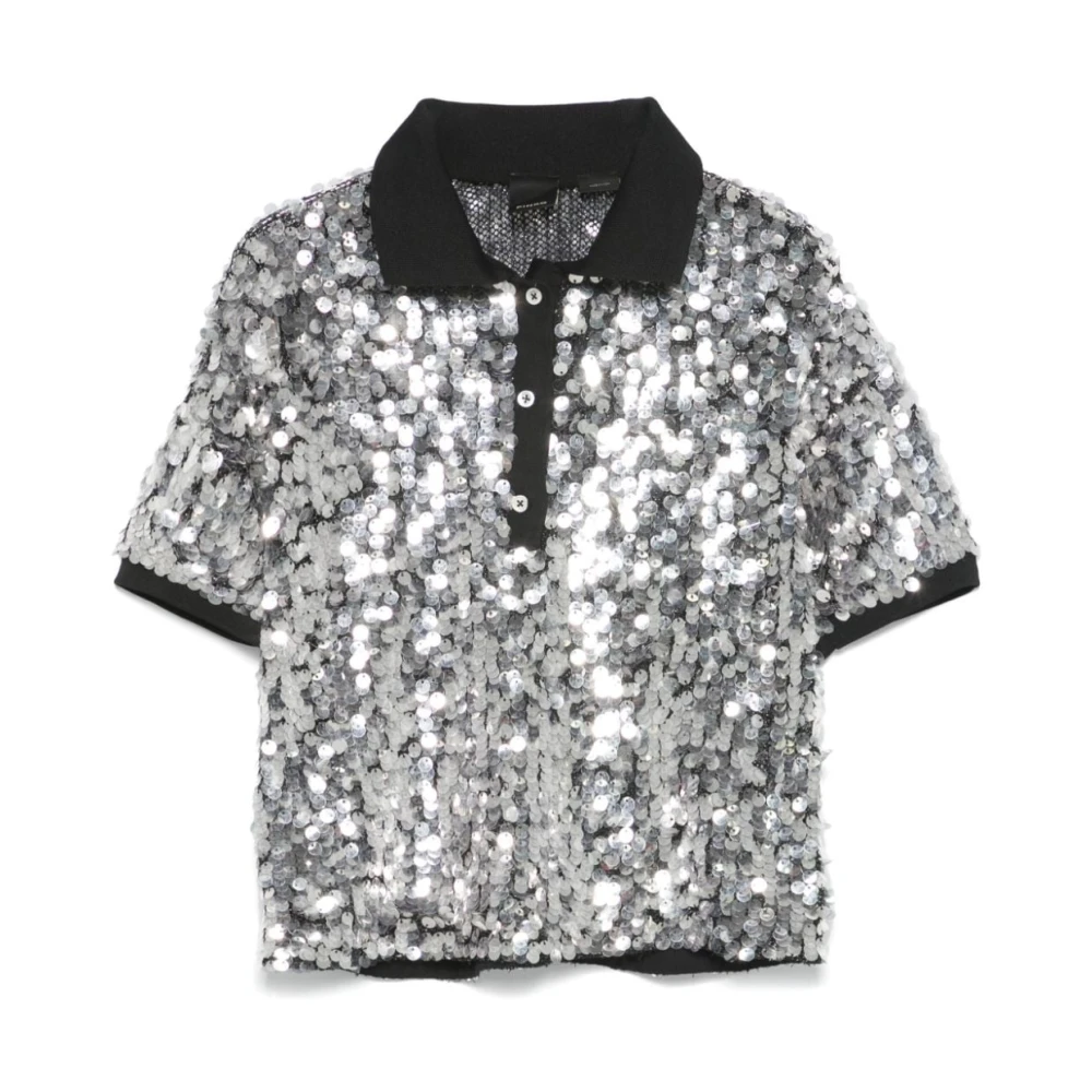 pinko Zwart Mesh Polo Sequin T-shirt Gray Dames