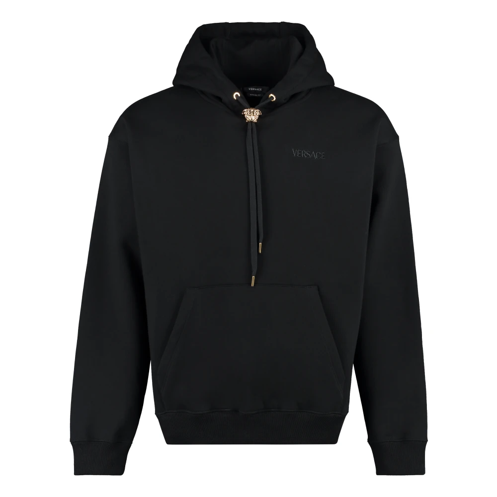 Versace Men's Black Hoodies, S, Ribbed Cotton Hoodie