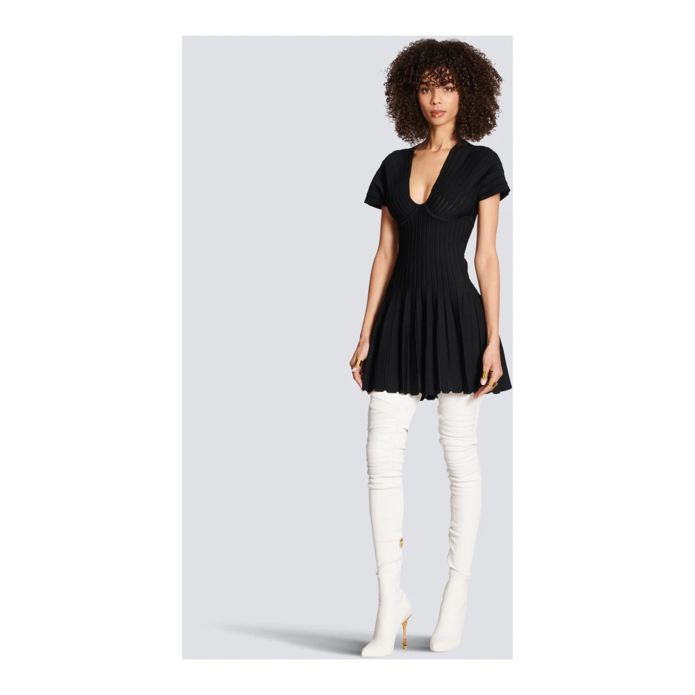 Balmain Korte Geplooide Gebreide Jurk Black Dames