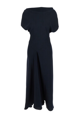 blauwe-lange-vierkante-hals-jurk-vrouw