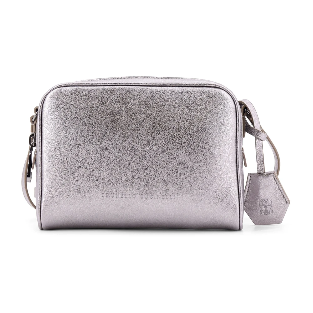 BRUNELLO CUCINELLI Gelamineerde leren schoudertas met logo Gray Dames