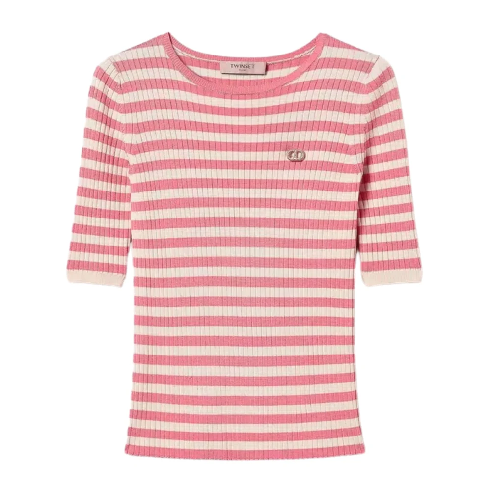Twinset Gestreepte aansluitende top met metalen broche Pink Dames