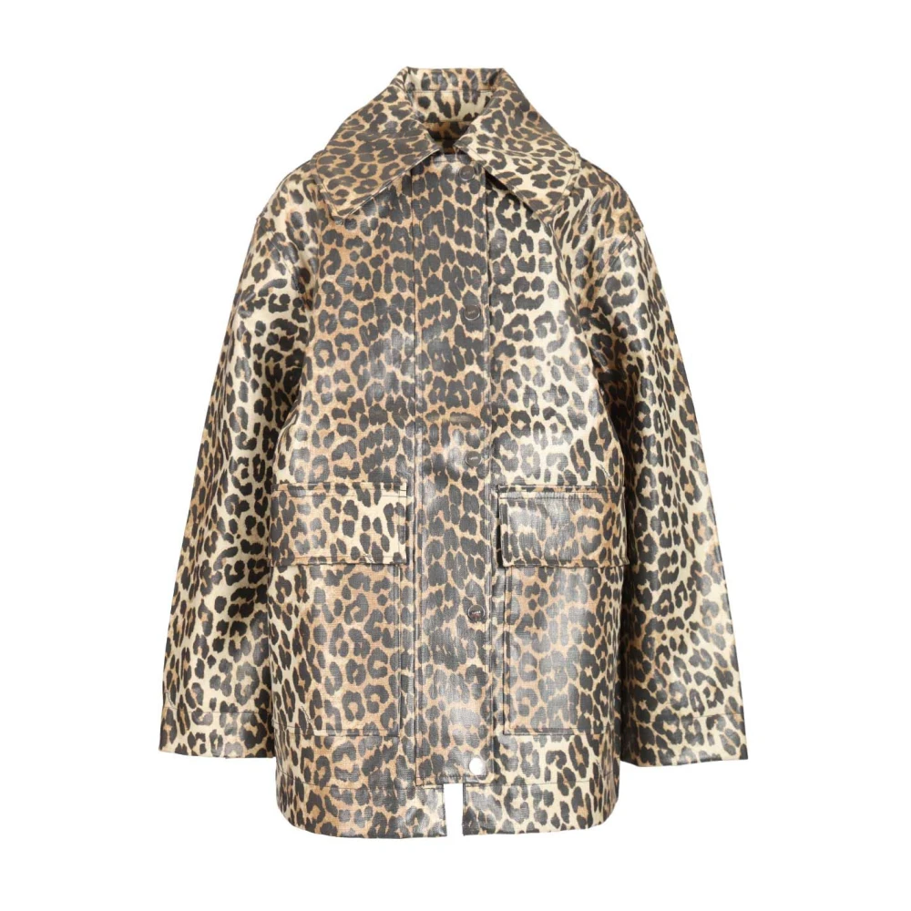 Ganni Women's Multicolor Light Jackets, S/M, Leopard Laminated Cotton Jacket