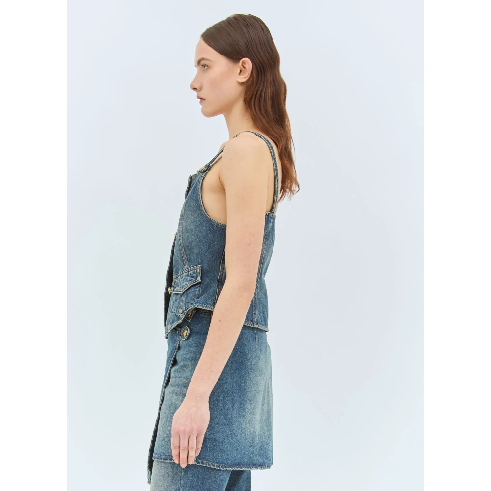 Ganni Vierkante Hals Denim Top Blue Dames
