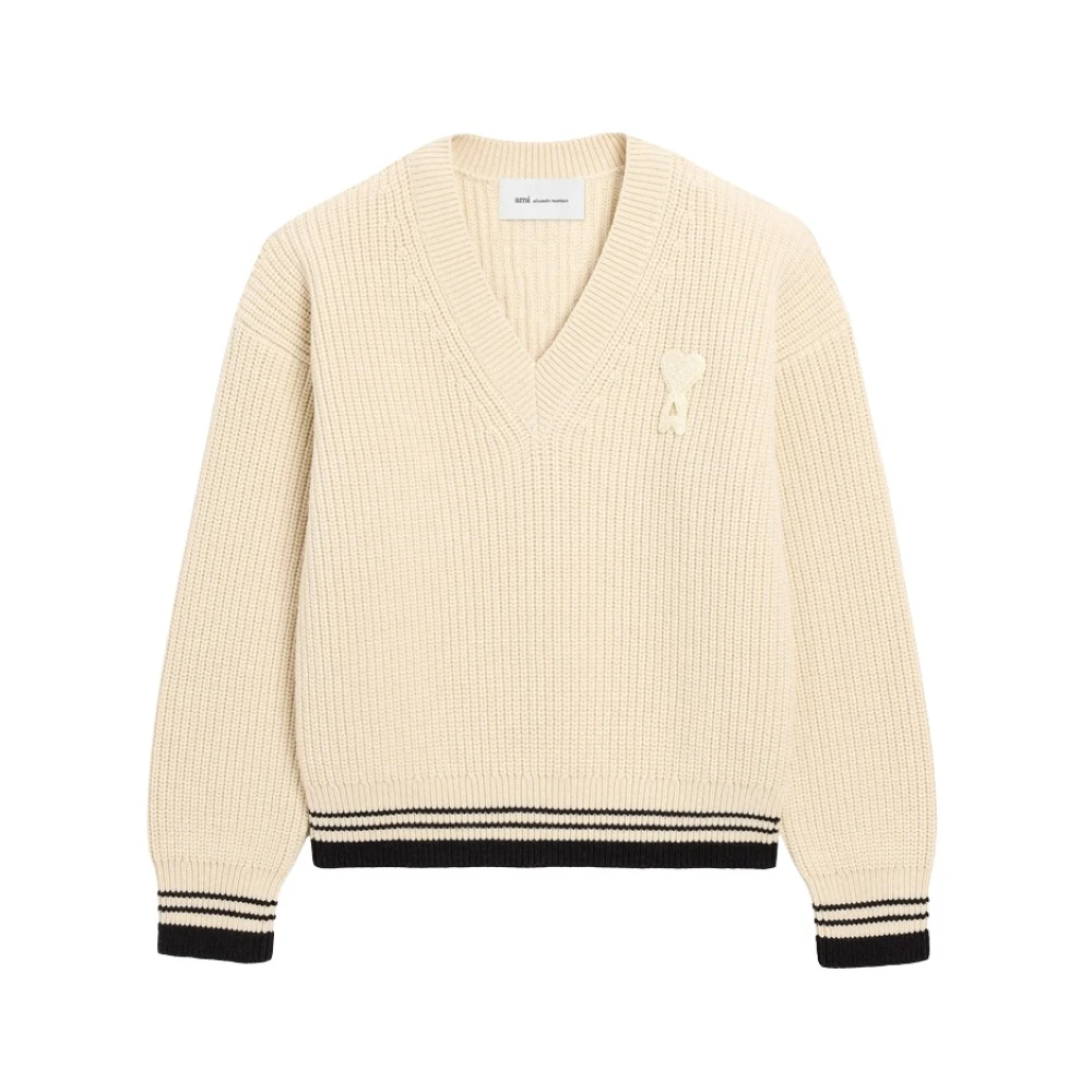 Ami Paris Men's Beige V-Neck Knitwear, Xs, Ribbed Wool V-Neck Ami De Coeur Jumper