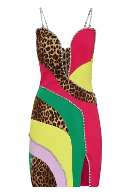Satin Mini Dress Rainbow Patchwork