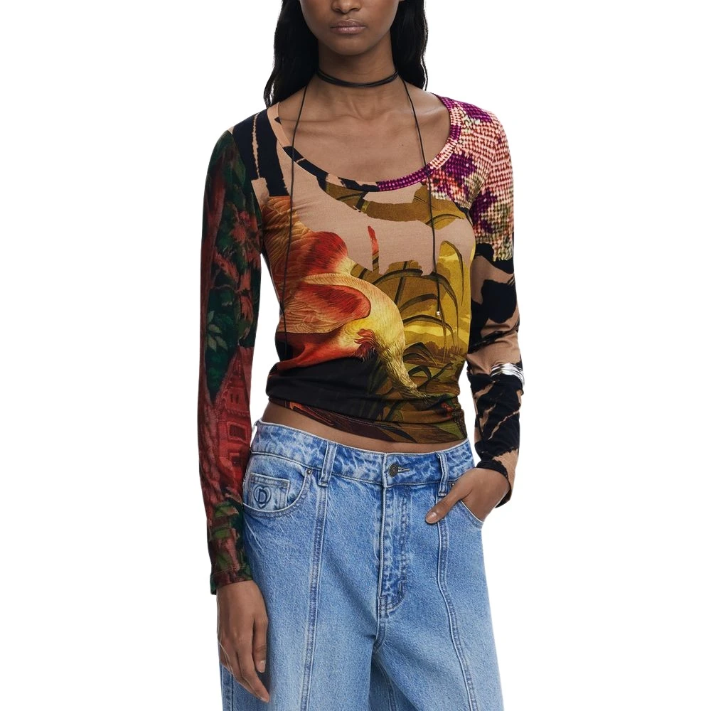 Desigual Women's Multicolor Brown Top Long-Sleeved T-Shirt - Long Sleeve T-Shirts - Xs - Tops