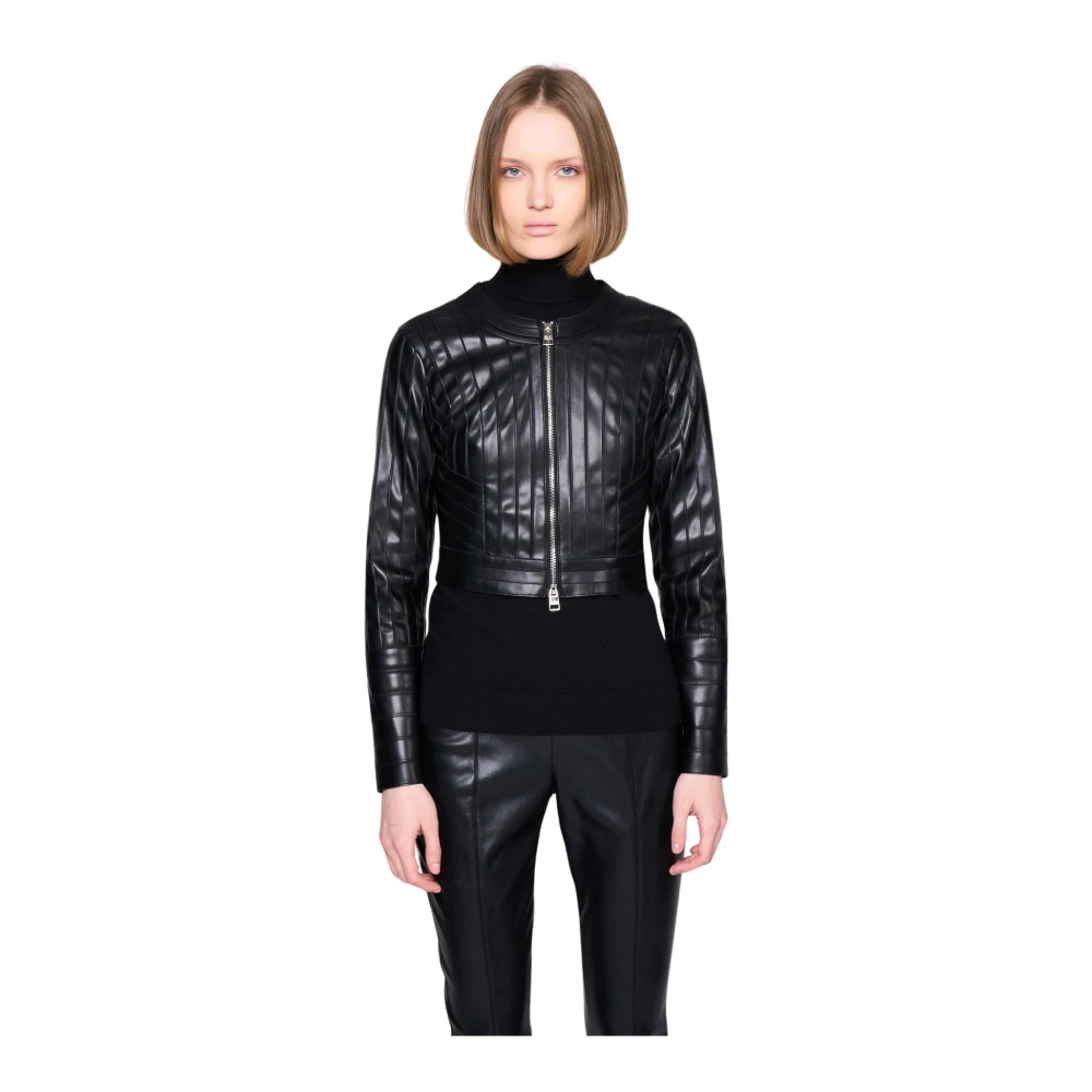 Silvian Heach Geribbelde imitatieleren cropjas Black Dames