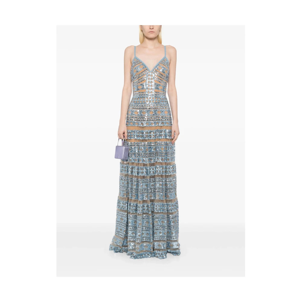 Elie Saab Blauwe Kralen V-Hals Jurk Blue Dames
