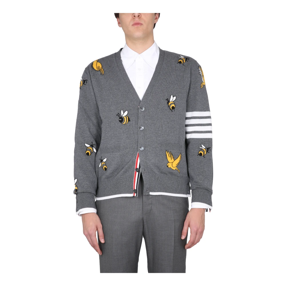Thom Browne Cardigans, Male, 2XL, Birds And Bees Half Drop Intarsia V Neck Cardigan Gray