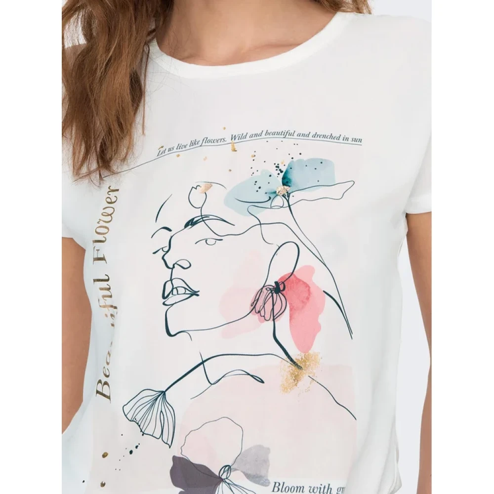Only Flora Korte Mouw Folie Kunst T-Shirt White Dames
