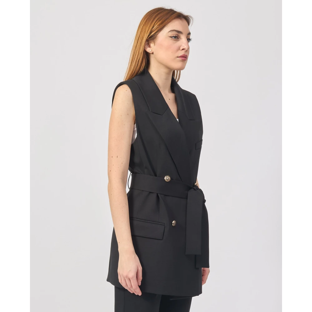 YES ZEE Zwarte Lange Double-Breasted Geriemde Jas Black Dames