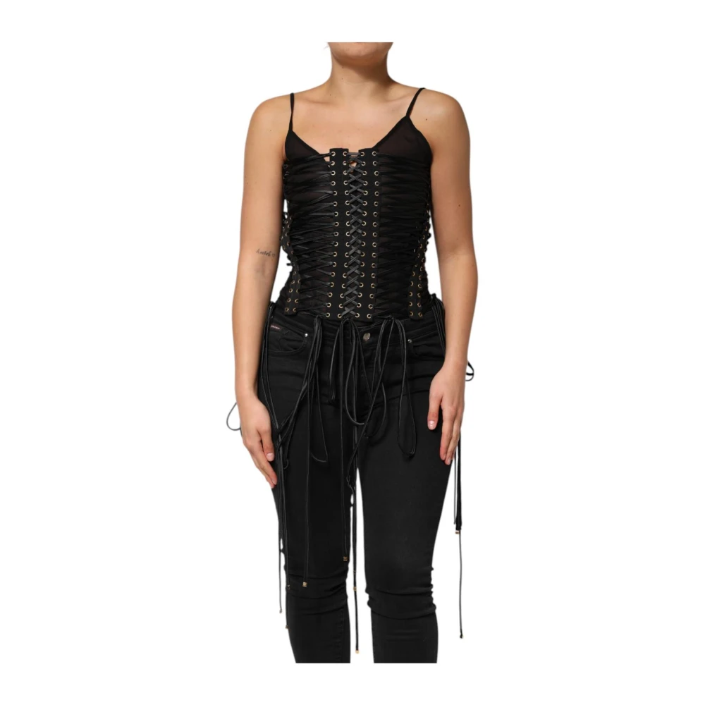 Dolce & Gabbana Femme Noir Tops, Taille: 38 Fr Haut Corset Bustier Sans Bretelles Orné D'œillets