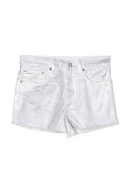 metallic-denim-frayed-hem-shorts