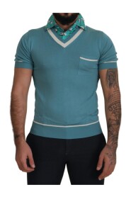 Blue Silk Polo Top Mens V-neck  T-shirt