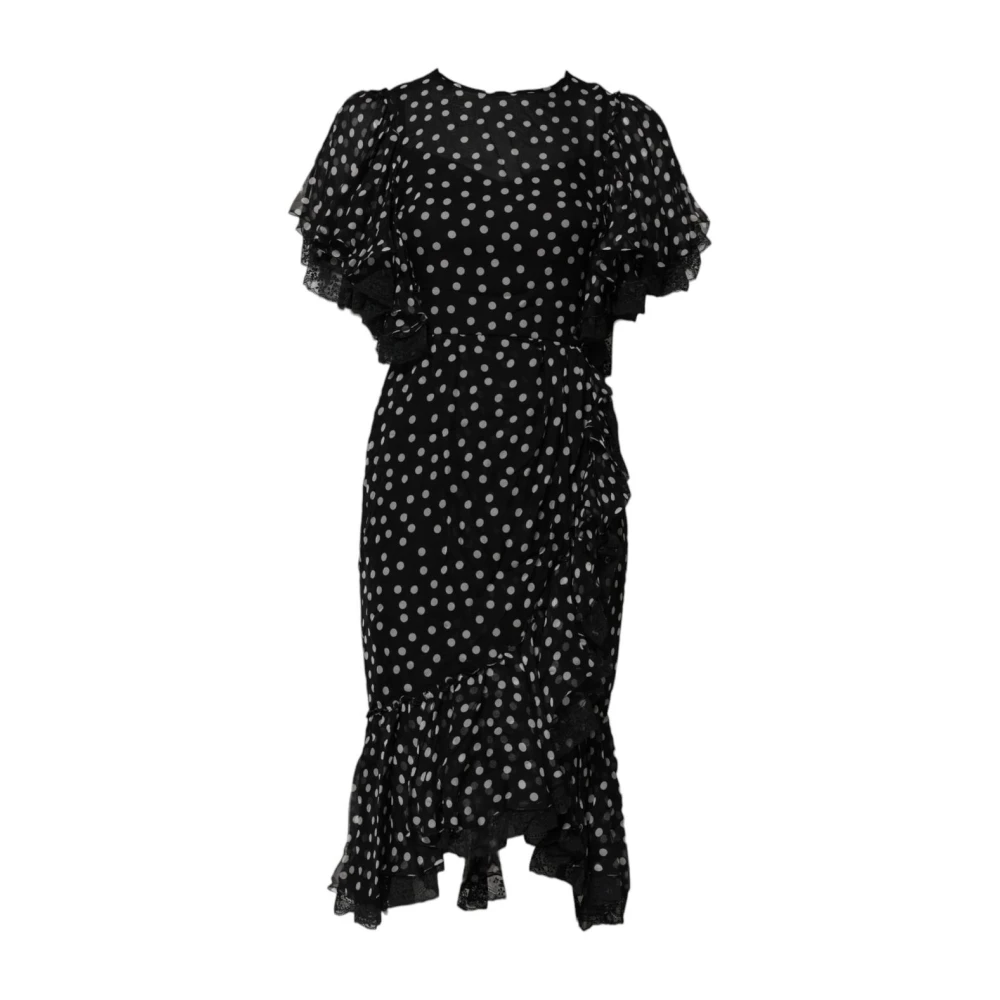 Dolce & Gabbana Women's Black Polka Dot Chiffon Dress With Lace - Midi Dresses - 2XS - Dresses