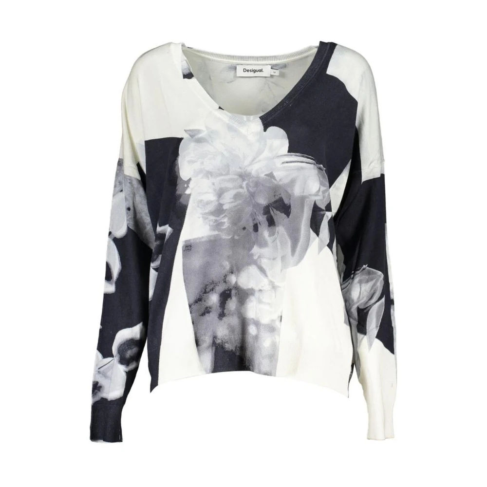 Desigual Women's Multicolor Round-Neck Knitwear, S, Floral Print V-Neck Pullover Jumper