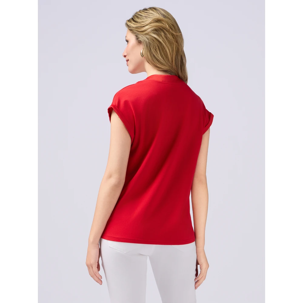 Oltre T-shirt van twee verschillende materialen met V-hals Red Dames