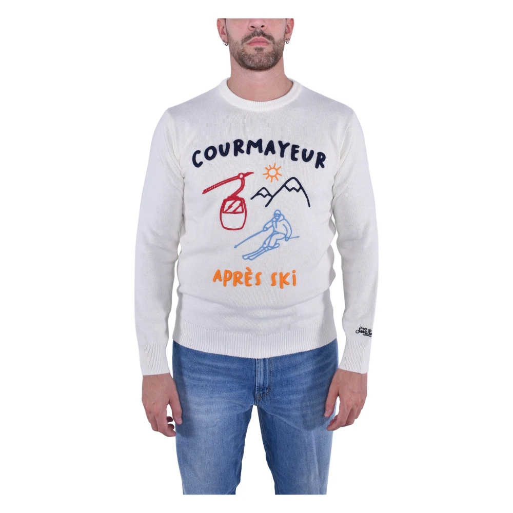 Mc2 Saint Barth Men's White Round-Neck Knitwear, L, Blue Round-Neck Jumper With Logo Embroidery