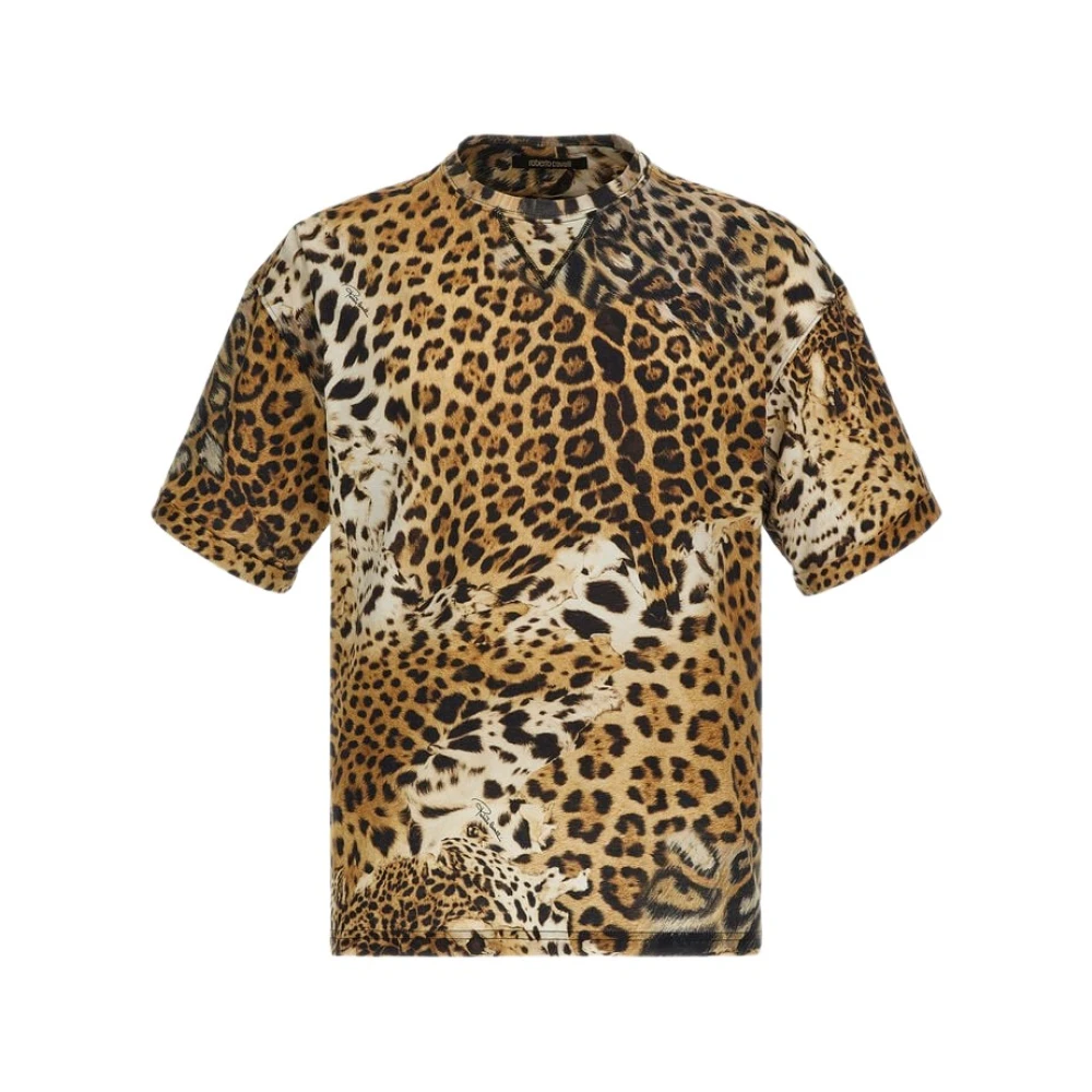 Roberto Cavalli Brown T-Shirts, Male, S, T-Shirt With Jaguar Skin Print