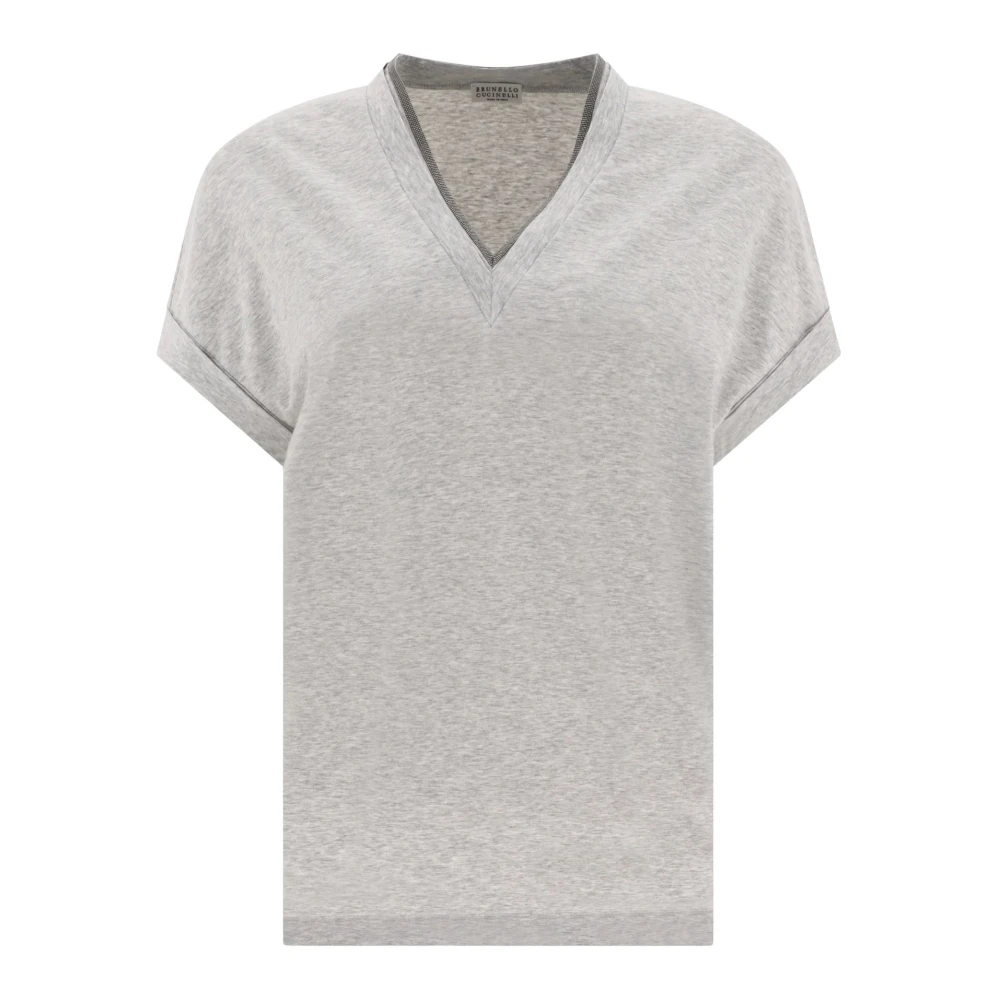 BRUNELLO CUCINELLI Zilveren Afwerking V-Hals Katoenen T-Shirt Gray Dames