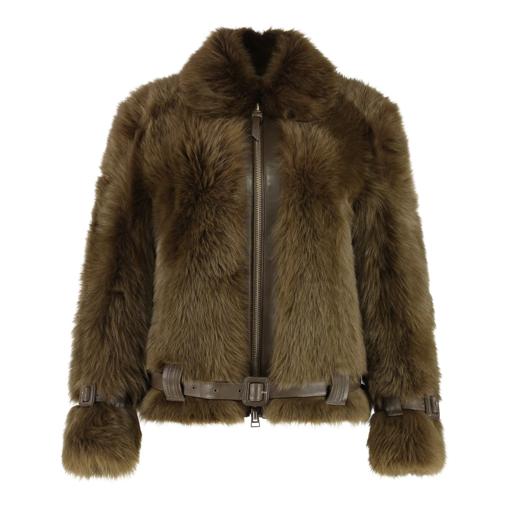 Tom Ford Women's Green Shearling Blouson With Leather Details - Faux Fur & Shearling Jackets - 2XS - Jackets