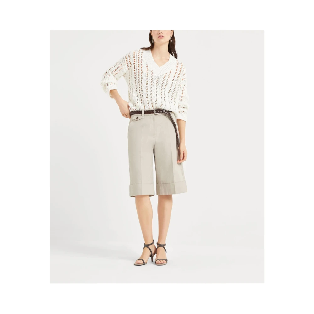 BRUNELLO CUCINELLI Witte Geribbelde V-Hals Trui White Dames