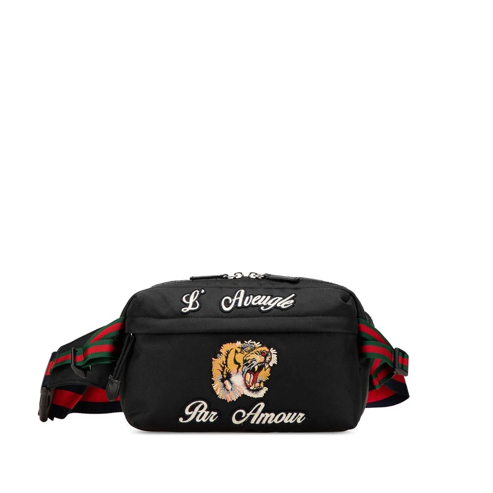 Gucci Vintage Women's Black Pre-Owned Tiger Embroidered Belt Bag
