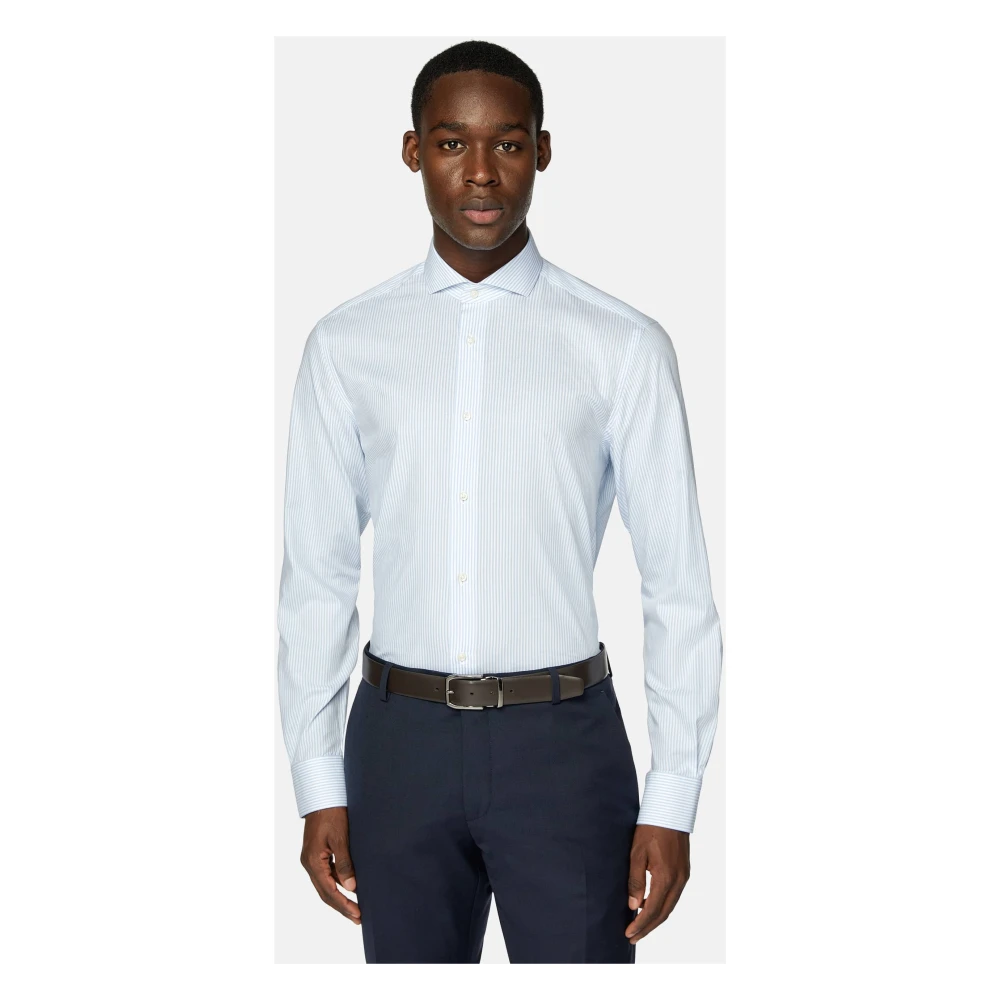Boggi Milano Slim Fit Gestreept Overhemd van Katoenen Dobby Blue Heren