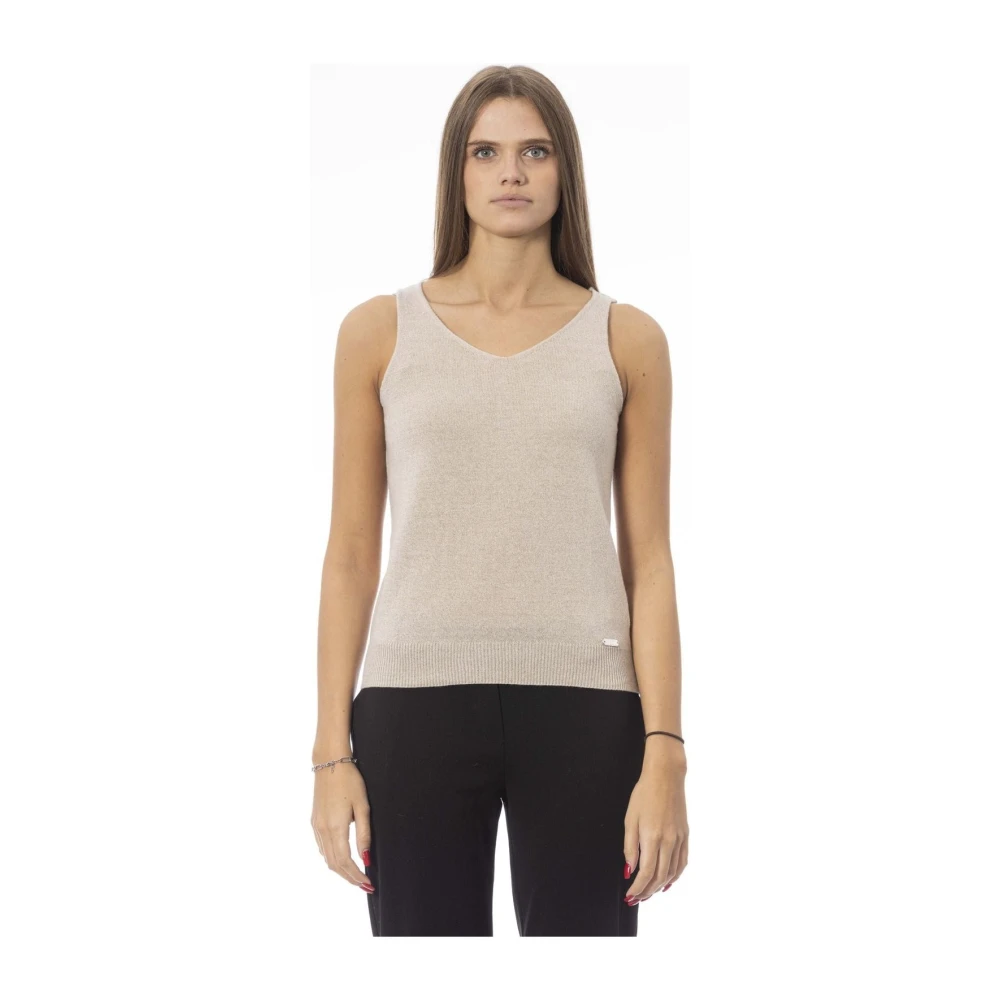 Baldinini Geribbelde tanktop met metalen monogram Beige Dames
