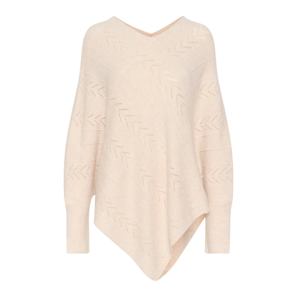 Cream Gebreide Poncho met V-Hals en Patroon Beige Dames